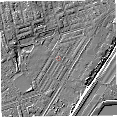Shaded relief map of the ground around FY76UD, computed from Environment Agency LiDAR. The ground here sits at about 4 m above sea level and falls 6 m across the surrounding 800 m. Surface water reaching this point runs off ground lying to the south-south-east, 4.6 m higher.