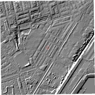 Shaded relief map of the ground around FY76UE, computed from Environment Agency LiDAR. The ground here sits at about 4 m above sea level and falls 6 m across the surrounding 800 m. Surface water reaching this point runs off ground lying to the south-east, 4.6 m higher.