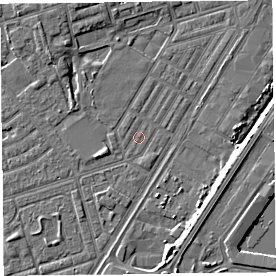Shaded relief map of the ground around FY76UF, computed from Environment Agency LiDAR. The ground here sits at about 4 m above sea level and falls 7 m across the surrounding 800 m. Surface water reaching this point runs off ground lying to the north-west, 3.6 m higher.
