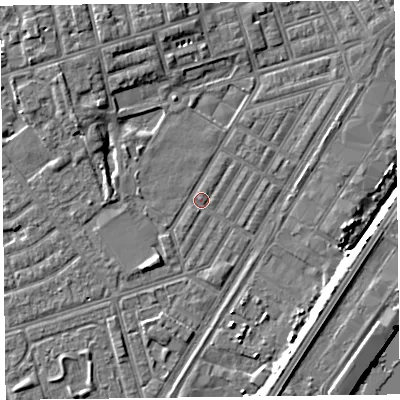 Shaded relief map of the ground around FY76UG, computed from Environment Agency LiDAR. The ground here sits at about 5 m above sea level and falls 6 m across the surrounding 800 m. Surface water reaching this point runs off ground lying to the south-south-west, 0.7 m higher.