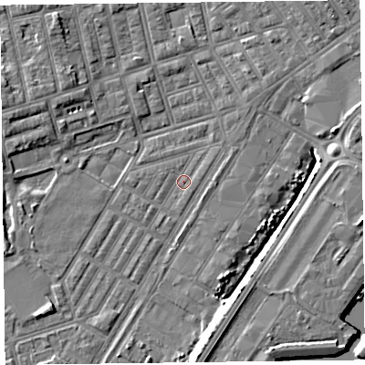 Shaded relief map of the ground around FY76UH, computed from Environment Agency LiDAR. The ground here sits at about 4 m above sea level and falls 7 m across the surrounding 800 m. Surface water reaching this point runs off ground lying to the south, 6.1 m higher.