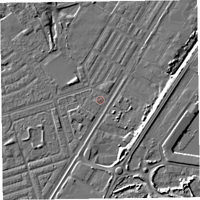 Shaded relief map of the ground around FY76UJ, computed from Environment Agency LiDAR. The ground here sits at about 5 m above sea level and falls 9 m across the surrounding 800 m. Surface water reaching this point runs off ground lying to the north-north-east, 0.7 m higher.