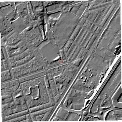 Shaded relief map of the ground around FY76UL, computed from Environment Agency LiDAR. The ground here sits at about 5 m above sea level and falls 7 m across the surrounding 800 m. Surface water reaching this point runs off ground lying to the south-south-west, 1.0 m higher.