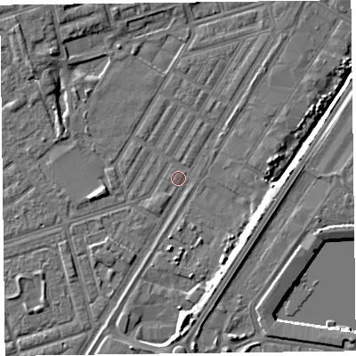 Shaded relief map of the ground around FY76UP, computed from Environment Agency LiDAR. The ground here sits at about 4 m above sea level and falls 7 m across the surrounding 800 m. Surface water reaching this point runs off ground lying to the south-west, 1.4 m higher.