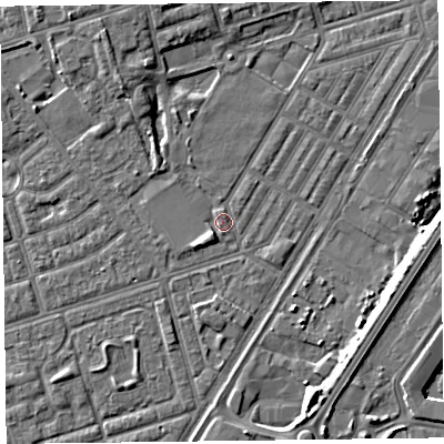 Shaded relief map of the ground around FY76UQ, computed from Environment Agency LiDAR. The ground here sits at about 5 m above sea level and falls 7 m across the surrounding 800 m. Surface water reaching this point runs off ground lying to the north-west, 3.6 m higher.
