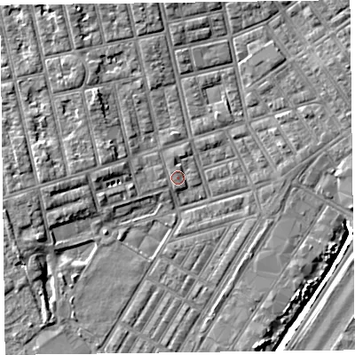 Shaded relief map of the ground around FY76US, computed from Environment Agency LiDAR. The ground here sits at about 5 m above sea level and falls 6 m across the surrounding 800 m. Surface water reaching this point runs off ground lying to the north-west, 3.7 m higher.