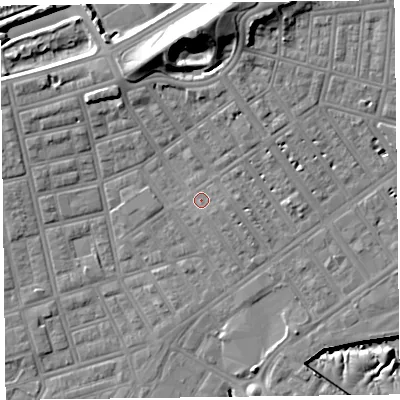 Shaded relief map of the ground around FY76UU, computed from Environment Agency LiDAR. The ground here sits at about 6 m above sea level and falls 21 m across the surrounding 800 m. Surface water reaching this point runs off ground lying to the east-south-east, 1.6 m higher.