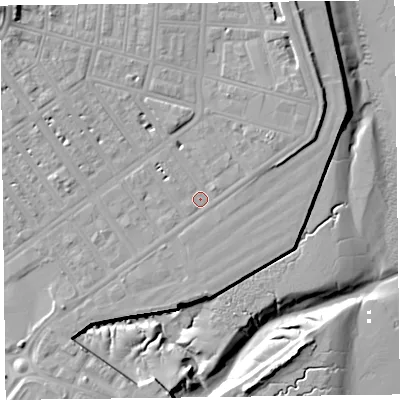 Shaded relief map of the ground around FY76UZ, computed from Environment Agency LiDAR. The ground here sits at about 7 m above sea level and falls 16 m across the surrounding 800 m. Surface water reaching this point runs off ground lying to the north-east, 4.9 m higher.