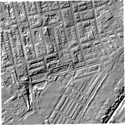 Shaded relief map of the ground around FY77AD, computed from Environment Agency LiDAR. The ground here sits at about 5 m above sea level and falls 6 m across the surrounding 800 m. Surface water reaching this point runs off ground lying to the west, 4.0 m higher.