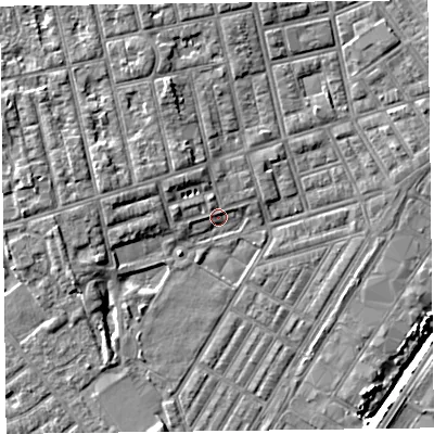 Shaded relief map of the ground around FY77AE, computed from Environment Agency LiDAR. The ground here sits at about 4 m above sea level and falls 6 m across the surrounding 800 m. Surface water reaching this point runs off ground lying to the west, 4.0 m higher.