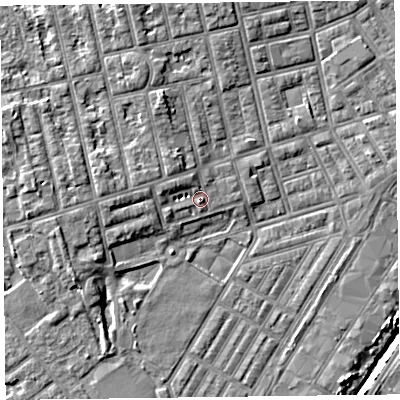 Shaded relief map of the ground around FY77AF, computed from Environment Agency LiDAR. The ground here sits at about 5 m above sea level and falls 6 m across the surrounding 800 m. Surface water reaching this point runs off ground lying to the west, 2.3 m higher.