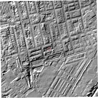 Shaded relief map of the ground around FY77AG, computed from Environment Agency LiDAR. The ground here sits at about 5 m above sea level and falls 5 m across the surrounding 800 m. Surface water reaching this point runs off ground lying to the west, 1.6 m higher.
