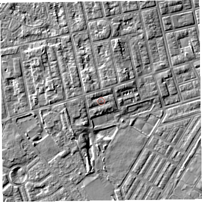 Shaded relief map of the ground around FY77AJ, computed from Environment Agency LiDAR. The ground here sits at about 6 m above sea level and falls 4 m across the surrounding 800 m. Surface water reaching this point runs off ground lying to the east-north-east, 0.7 m higher.