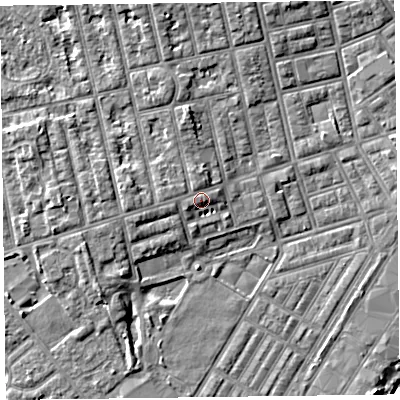 Shaded relief map of the ground around FY77AP, computed from Environment Agency LiDAR. The ground here sits at about 6 m above sea level and falls 5 m across the surrounding 800 m. Surface water reaching this point runs off ground lying to the west-south-west, 1.2 m higher.