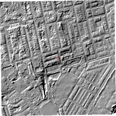 Shaded relief map of the ground around FY77AQ, computed from Environment Agency LiDAR. The ground here sits at about 6 m above sea level and falls 5 m across the surrounding 800 m. Surface water reaching this point runs off ground lying to the west, 1.8 m higher.