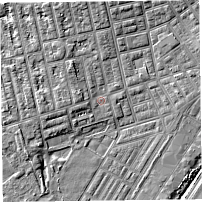 Shaded relief map of the ground around FY77AR, computed from Environment Agency LiDAR. The ground here sits at about 5 m above sea level and falls 6 m across the surrounding 800 m. Surface water reaching this point runs off ground lying to the north-north-west, 3.3 m higher.