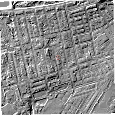 Shaded relief map of the ground around FY77AS, computed from Environment Agency LiDAR. The ground here sits at about 5 m above sea level and falls 7 m across the surrounding 800 m. Surface water reaching this point runs off ground lying to the north-west, 2.2 m higher.