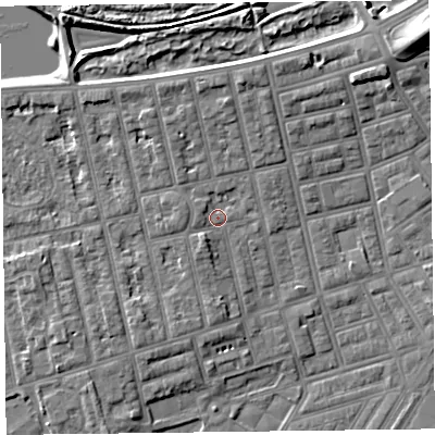 Shaded relief map of the ground around FY77AT, computed from Environment Agency LiDAR. The ground here sits at about 6 m above sea level and falls 10 m across the surrounding 800 m. Surface water reaching this point runs off ground lying to the south-south-west, 2.0 m higher.
