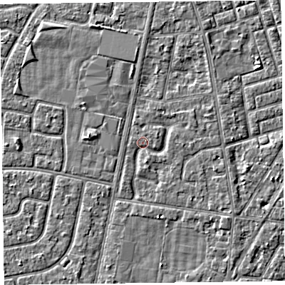 Shaded relief map of the ground around FY77BF, computed from Environment Agency LiDAR. The ground here sits at about 5 m above sea level and falls 2 m across the surrounding 800 m. Surface water reaching this point runs off ground lying to the east-north-east, 1.1 m higher.