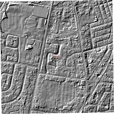 Shaded relief map of the ground around FY77BR, computed from Environment Agency LiDAR. The ground here sits at about 5 m above sea level and falls 2 m across the surrounding 800 m. Surface water reaching this point runs off ground lying to the north, 1.0 m higher.