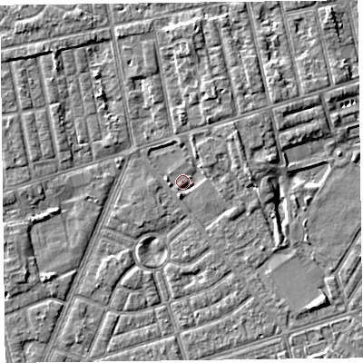 Shaded relief map of the ground around FY77DA, computed from Environment Agency LiDAR. The ground here sits at about 5 m above sea level and falls 4 m across the surrounding 800 m. Surface water reaching this point runs off ground lying to the north, 4.1 m higher.