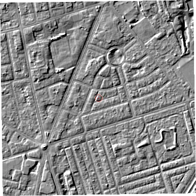 Shaded relief map of the ground around FY77DD, computed from Environment Agency LiDAR. The ground here sits at about 5 m above sea level and falls 4 m across the surrounding 800 m. Surface water reaching this point runs off ground lying to the west, 0.8 m higher.