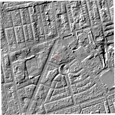 Shaded relief map of the ground around FY77DE, computed from Environment Agency LiDAR. The ground here sits at about 5 m above sea level and falls 4 m across the surrounding 800 m. The ground contributing surface water to this point lies to the north-east.