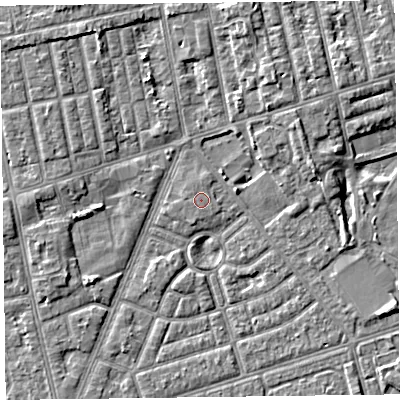 Shaded relief map of the ground around FY77DF, computed from Environment Agency LiDAR. The ground here sits at about 5 m above sea level and falls 4 m across the surrounding 800 m. The ground contributing surface water to this point lies to the west.