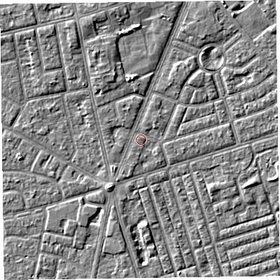 Shaded relief map of the ground around FY77DG, computed from Environment Agency LiDAR. The ground here sits at about 5 m above sea level and falls 4 m across the surrounding 800 m. Surface water reaching this point runs off ground lying to the south-south-west, 1.0 m higher.