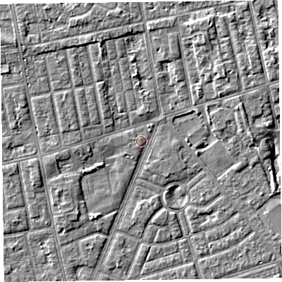 Shaded relief map of the ground around FY77DH, computed from Environment Agency LiDAR. The ground here sits at about 5 m above sea level and falls 4 m across the surrounding 800 m. Surface water reaching this point runs off ground lying to the north-north-east, 3.0 m higher.