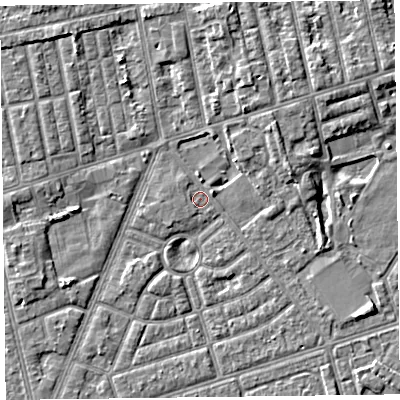 Shaded relief map of the ground around FY77DJ, computed from Environment Agency LiDAR. The ground here sits at about 5 m above sea level and falls 4 m across the surrounding 800 m. Surface water reaching this point runs off ground lying to the north-west, 0.7 m higher.