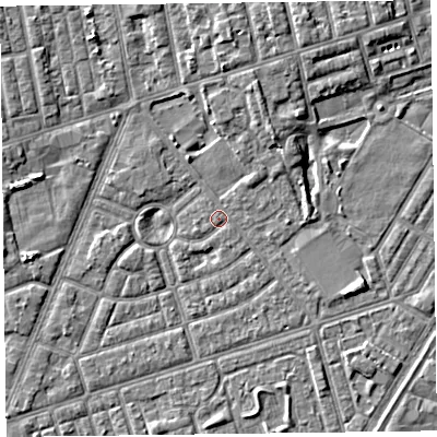 Shaded relief map of the ground around FY77DL, computed from Environment Agency LiDAR. The ground here sits at about 5 m above sea level and falls 4 m across the surrounding 800 m. Surface water reaching this point runs off ground lying to the north-east, 0.5 m higher.