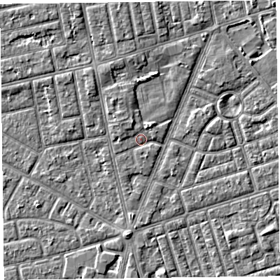 Shaded relief map of the ground around FY77DN, computed from Environment Agency LiDAR. The ground here sits at about 5 m above sea level and falls 4 m across the surrounding 800 m. Surface water reaching this point runs off ground lying to the north-west, 1.7 m higher.