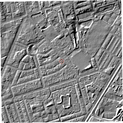 Shaded relief map of the ground around FY77DP, computed from Environment Agency LiDAR. The ground here sits at about 5 m above sea level and falls 6 m across the surrounding 800 m. Surface water reaching this point runs off ground lying to the east-south-east, 0.7 m higher.