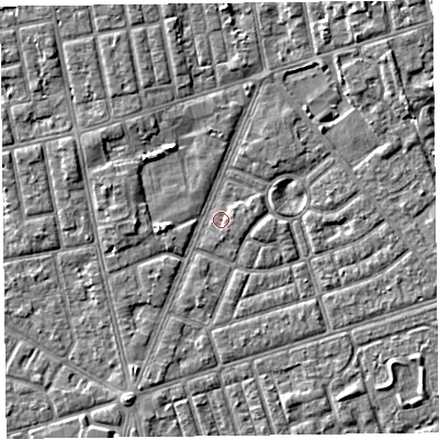 Shaded relief map of the ground around FY77DQ, computed from Environment Agency LiDAR. The ground here sits at about 5 m above sea level and falls 4 m across the surrounding 800 m. Surface water reaching this point runs off ground lying to the south-south-east, 1.0 m higher.