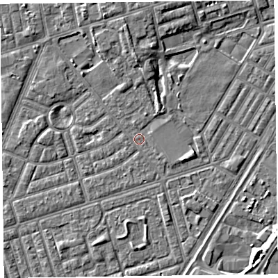 Shaded relief map of the ground around FY77DR, computed from Environment Agency LiDAR. The ground here sits at about 5 m above sea level and falls 6 m across the surrounding 800 m. Surface water reaching this point runs off ground lying to the south-east, 0.7 m higher.
