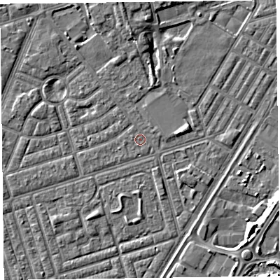Shaded relief map of the ground around FY77DS, computed from Environment Agency LiDAR. The ground here sits at about 5 m above sea level and falls 6 m across the surrounding 800 m. Surface water reaching this point runs off ground lying to the east-north-east, 0.7 m higher.