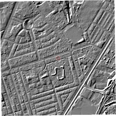 Shaded relief map of the ground around FY77DT, computed from Environment Agency LiDAR. The ground here sits at about 5 m above sea level and falls 6 m across the surrounding 800 m. Surface water reaching this point runs off ground lying to the north, 3.6 m higher.
