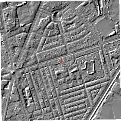 Shaded relief map of the ground around FY77DU, computed from Environment Agency LiDAR. The ground here sits at about 5 m above sea level and falls 4 m across the surrounding 800 m. Surface water reaching this point runs off ground lying to the west-north-west, 0.7 m higher.