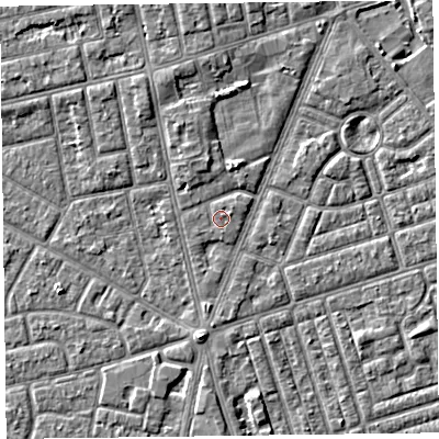 Shaded relief map of the ground around FY77DW, computed from Environment Agency LiDAR. The ground here sits at about 5 m above sea level and falls 4 m across the surrounding 800 m. Surface water reaching this point runs off ground lying to the east-north-east, 0.5 m higher.