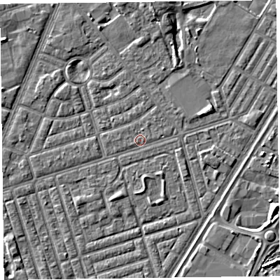 Shaded relief map of the ground around FY77DX, computed from Environment Agency LiDAR. The ground here sits at about 5 m above sea level and falls 6 m across the surrounding 800 m. Surface water reaching this point runs off ground lying to the north-east, 0.5 m higher.