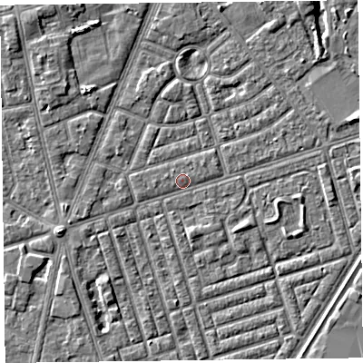 Shaded relief map of the ground around FY77DY, computed from Environment Agency LiDAR. The ground here sits at about 5 m above sea level and falls 4 m across the surrounding 800 m. Surface water reaching this point runs off ground lying to the west, 0.7 m higher.