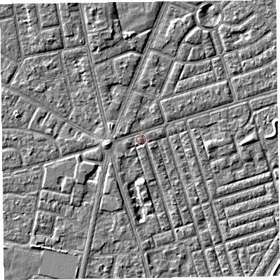 Shaded relief map of the ground around FY77DZ, computed from Environment Agency LiDAR. The ground here sits at about 5 m above sea level and falls 4 m across the surrounding 800 m. Surface water reaching this point runs off ground lying to the south-west, 1.0 m higher.