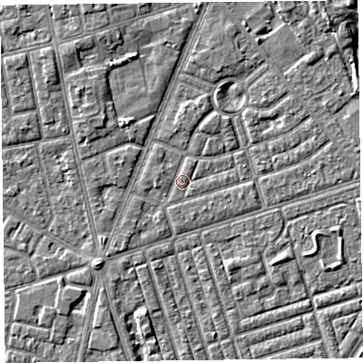 Shaded relief map of the ground around FY77EA, computed from Environment Agency LiDAR. The ground here sits at about 5 m above sea level and falls 4 m across the surrounding 800 m. Surface water reaching this point runs off ground lying to the south-west, 1.3 m higher.