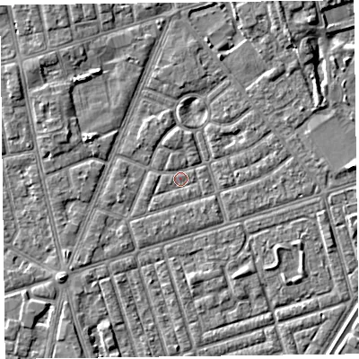 Shaded relief map of the ground around FY77EB, computed from Environment Agency LiDAR. The ground here sits at about 4 m above sea level and falls 4 m across the surrounding 800 m. Surface water reaching this point runs off ground lying to the south-west, 1.4 m higher.