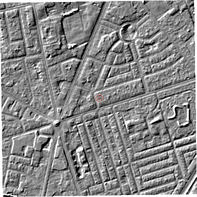 Shaded relief map of the ground around FY77ED, computed from Environment Agency LiDAR. The ground here sits at about 5 m above sea level and falls 4 m across the surrounding 800 m. Surface water reaching this point runs off ground lying to the north-north-west, 0.6 m higher.