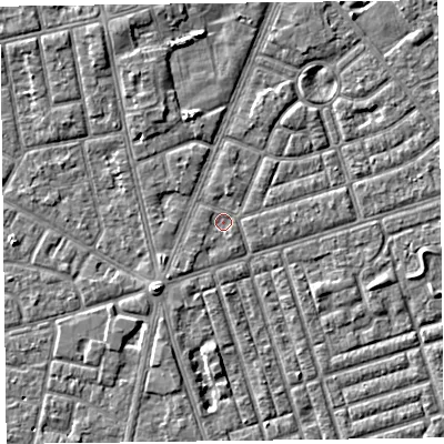 Shaded relief map of the ground around FY77EE, computed from Environment Agency LiDAR. The ground here sits at about 5 m above sea level and falls 4 m across the surrounding 800 m. Surface water reaching this point runs off ground lying to the south-west, 1.3 m higher.