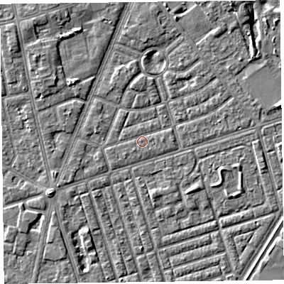 Shaded relief map of the ground around FY77EF, computed from Environment Agency LiDAR. The ground here sits at about 5 m above sea level and falls 4 m across the surrounding 800 m. Surface water reaching this point runs off ground lying to the south-west, 0.8 m higher.