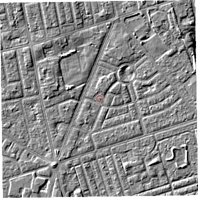 Shaded relief map of the ground around FY77EG, computed from Environment Agency LiDAR. The ground here sits at about 5 m above sea level and falls 4 m across the surrounding 800 m. Surface water reaching this point runs off ground lying to the north, 1.0 m higher.