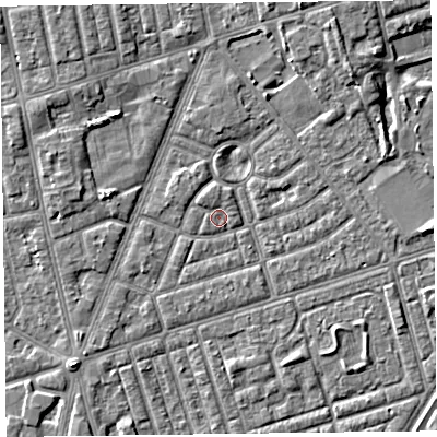 Shaded relief map of the ground around FY77EH, computed from Environment Agency LiDAR. The ground here sits at about 5 m above sea level and falls 4 m across the surrounding 800 m. Surface water reaching this point runs off ground lying to the south-west, 1.4 m higher.